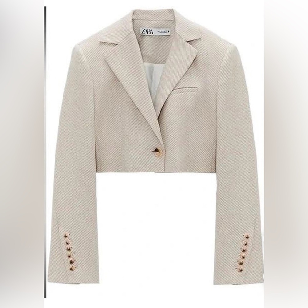 Zara Light Beige Cropped Blazer with Button Accents